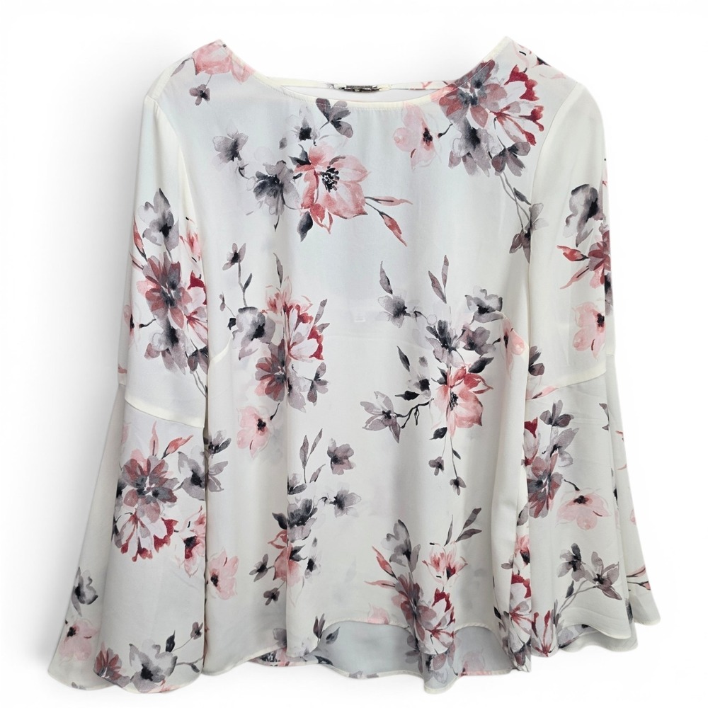 Rose & Olive Top Womens Large Ivory Floral Print Bell Sleeve Semi Sheer Blouse